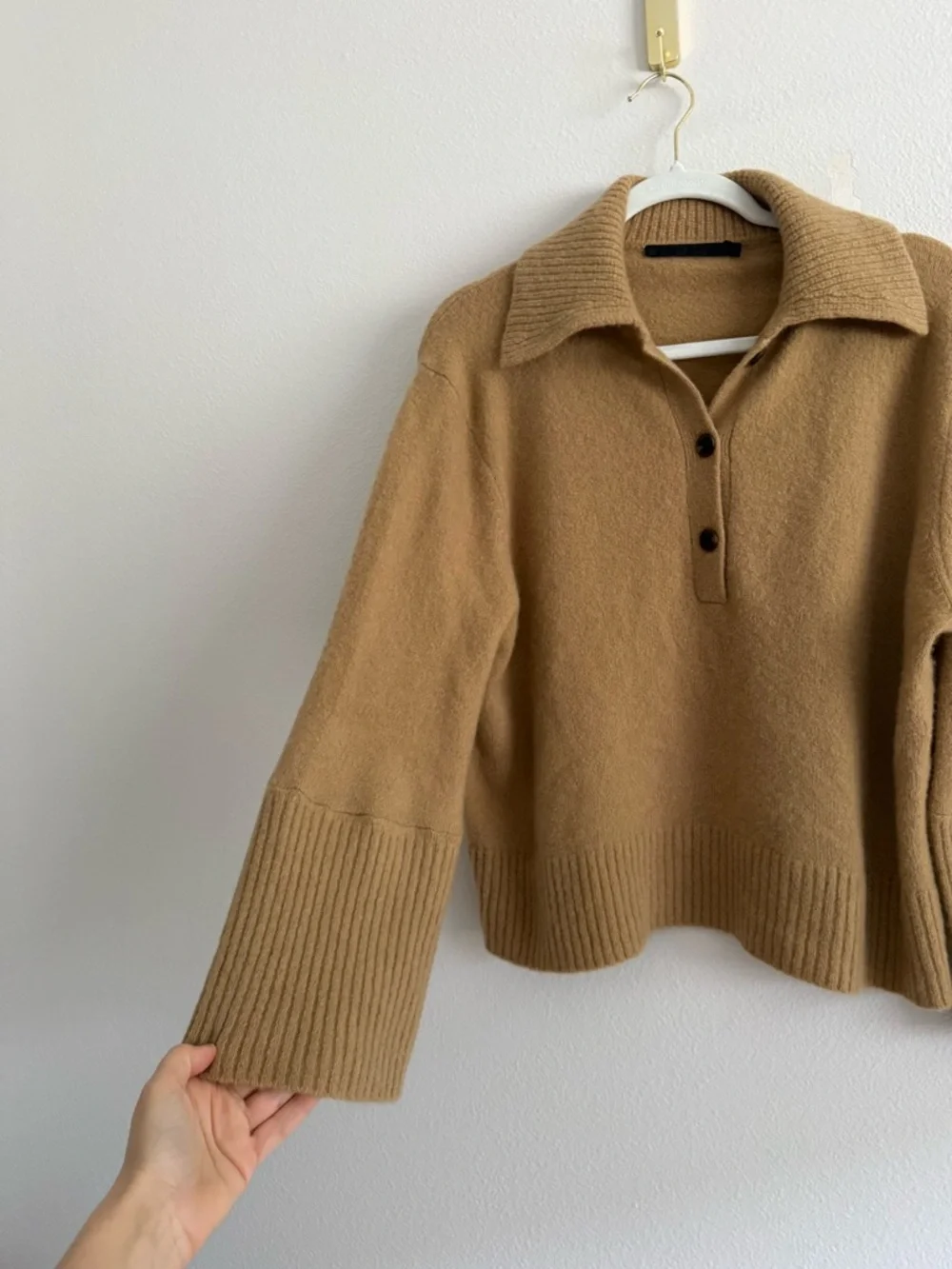 Jenni Kayne cashmere Stevie polo sweater Sz S in camel EUC ( altered sleeves) - Picture 6 of 10